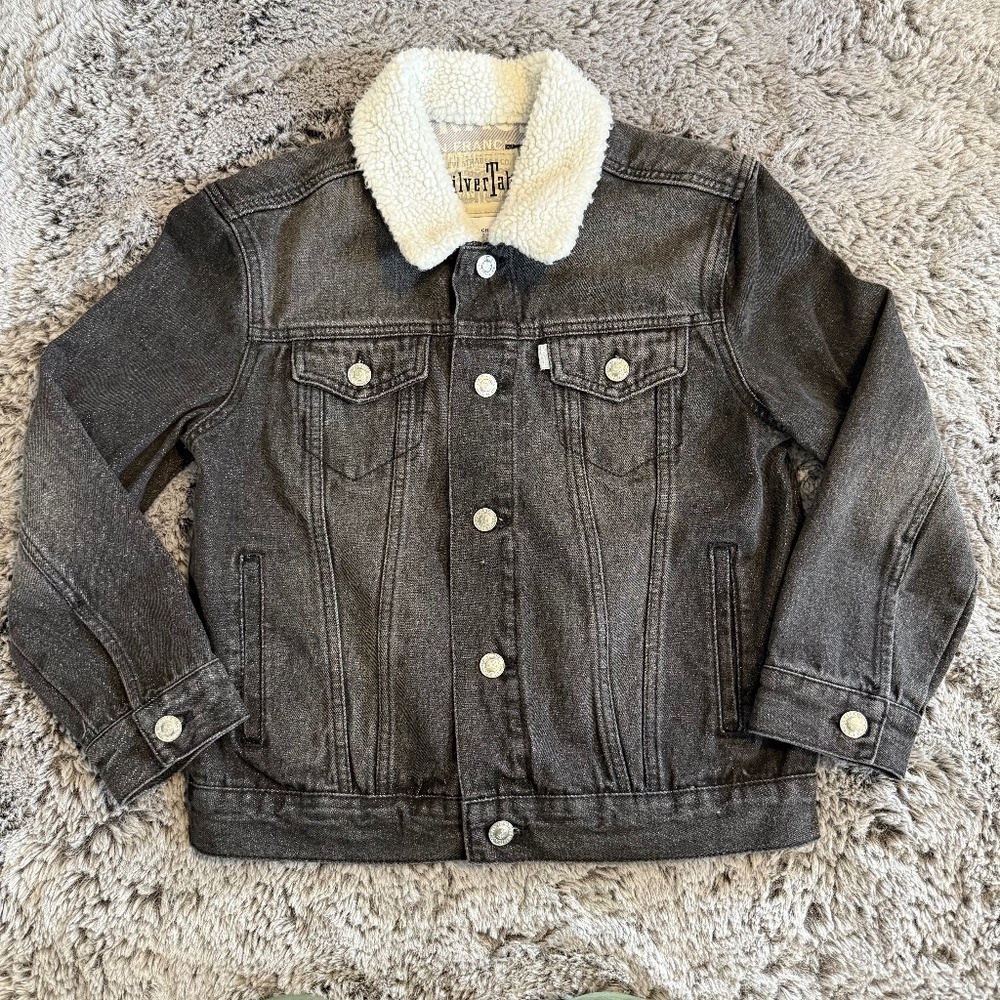 Levi's Kid Silvertab Sherpa Lined Trucker Jean Jacket Black Denim Small 8-10 YRS